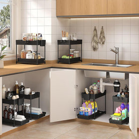 Sevenblue 2-tier sliding drawer keeps items within reach in cabinets.