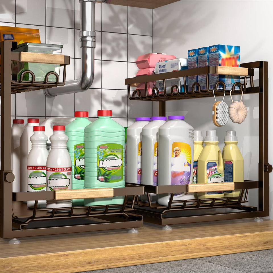 Sevenblue 2-tier under-sink organizer showing space-saving height with wide base