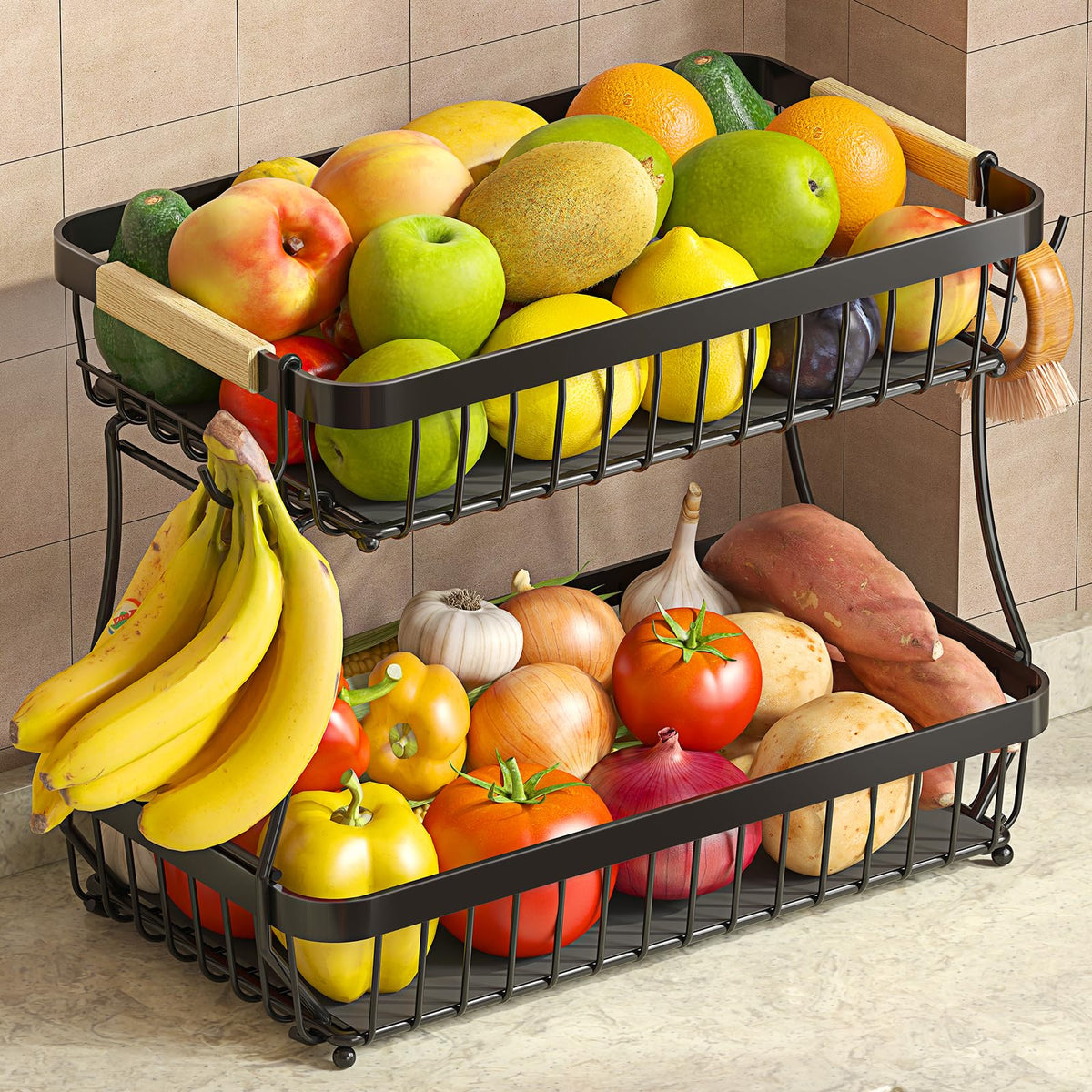 Sevenblue 2-Tier Large Fruit Basket assembly shows easy setup and space-saving storage