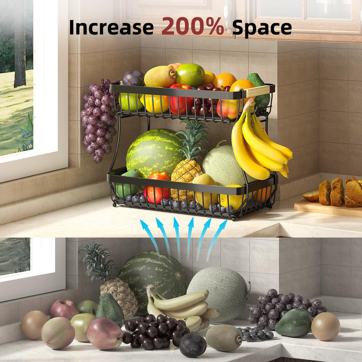 Sevenblue 2-Tier Large Fruit Basket easy-clean-design simplifies upkeep