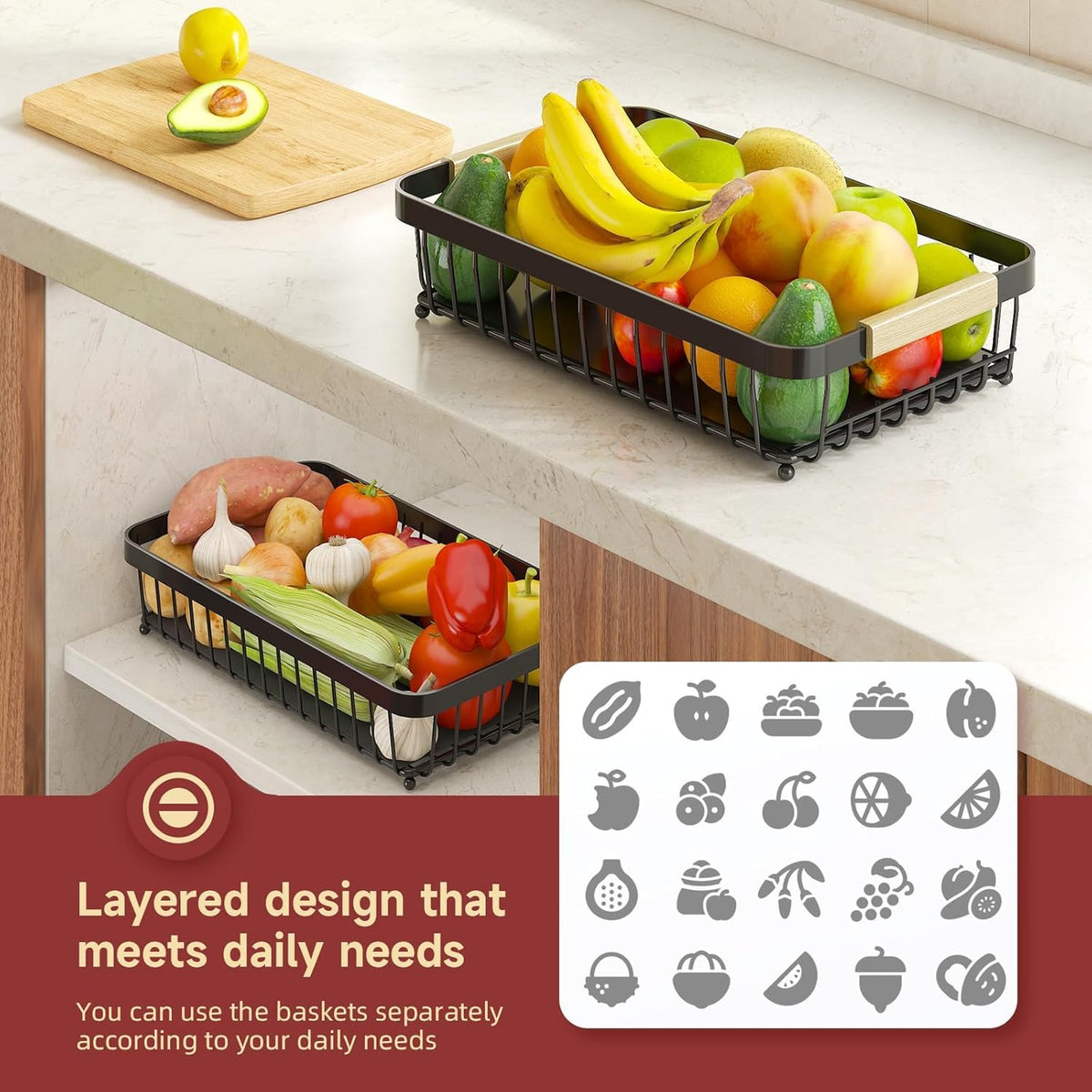 Sevenblue 2-Tier Large Fruit Basket wooden-handle adds warmth and easy carrying