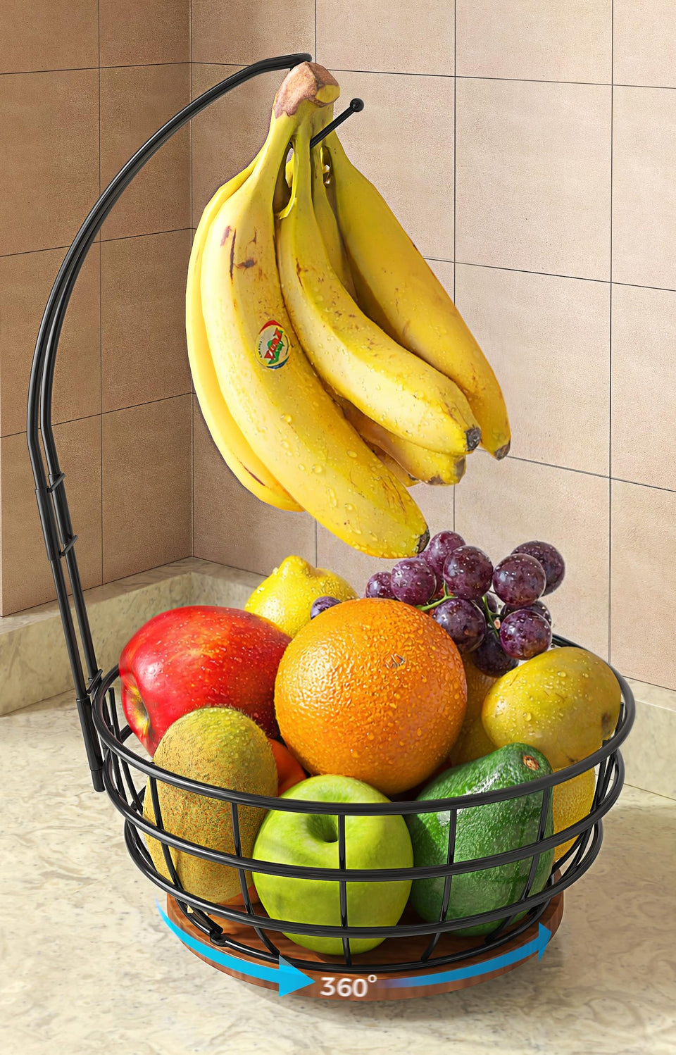 Sevenblue 360° rotating fruit basket enables easy access to all items on the counter