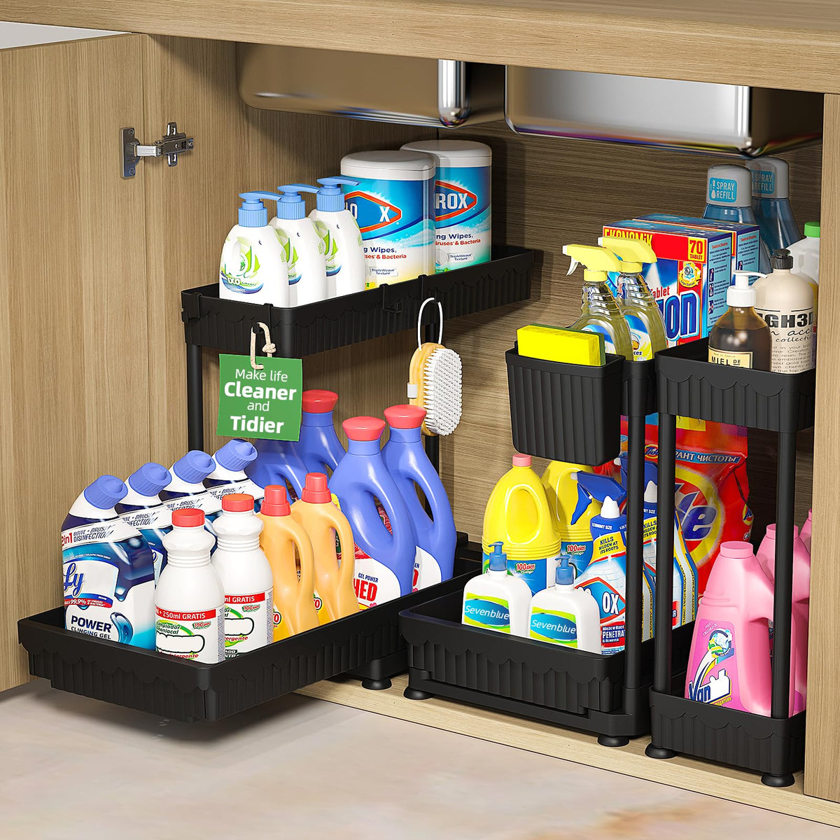 Sevenblue 3-pack under-sink organizers maximize cabinet space for a tidier kitchen.