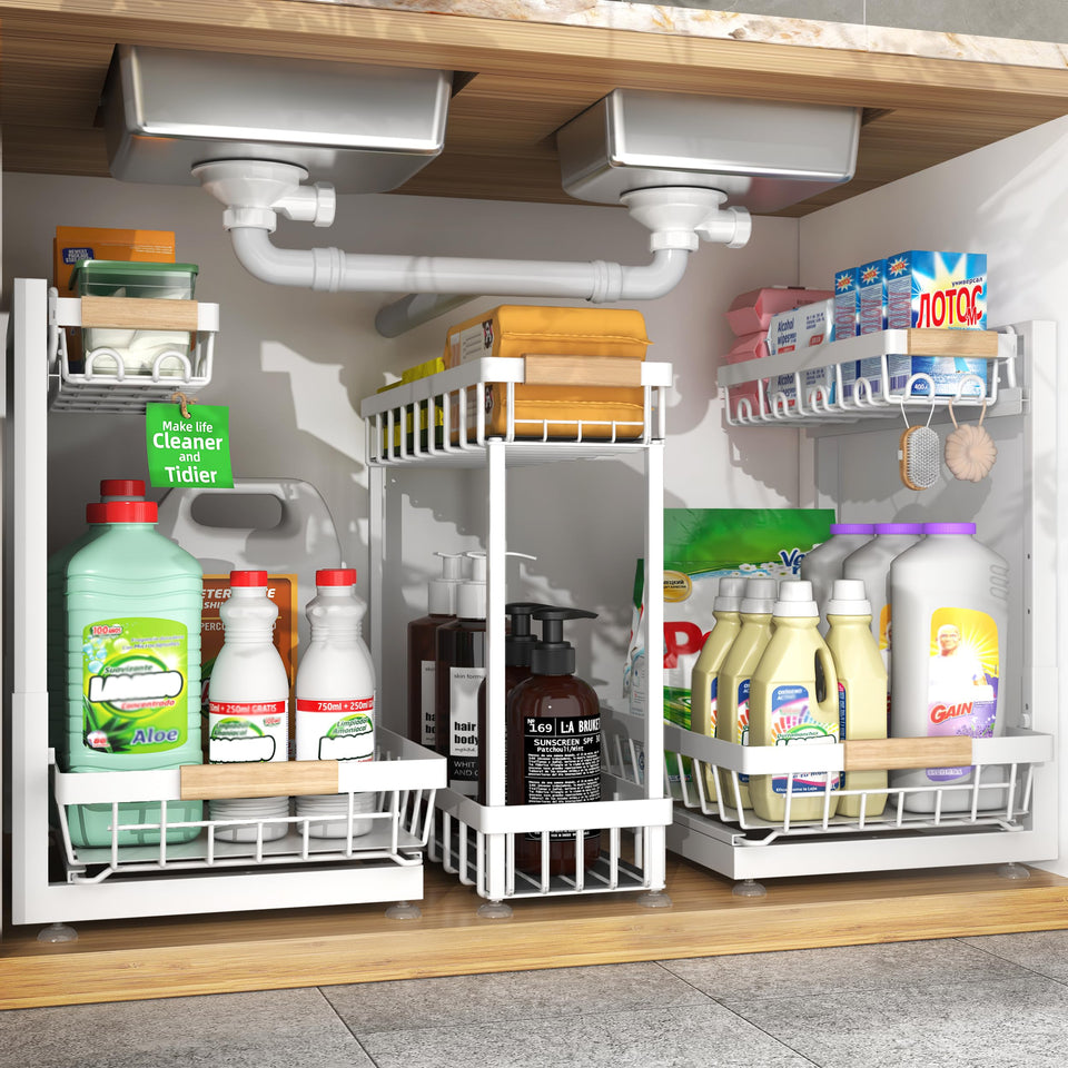 Sevenblue 3-pack under sink with two-tier drawers for easy access and organization.