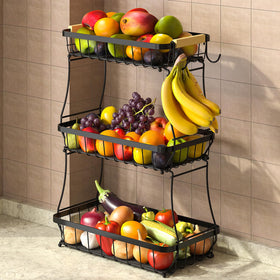 Sevenblue 3-tier fruit basket front view showing compact counter organization and airflow.