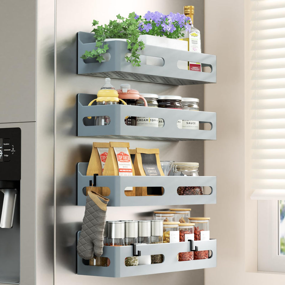 Sevenblue 4-pack magnetic spice rack on fridge door keeps spices visible and reachable.
