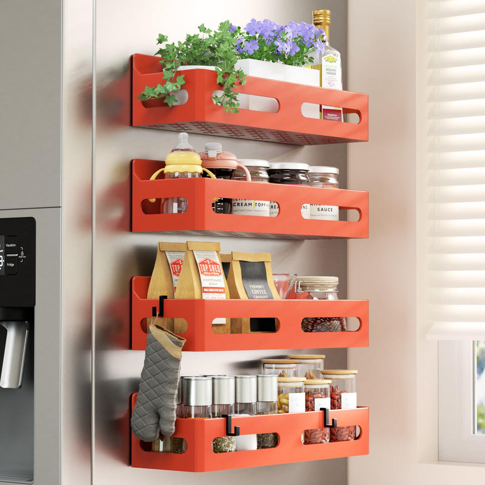 Sevenblue magnetic spice rack on fridge door holds up to 12 jars.
