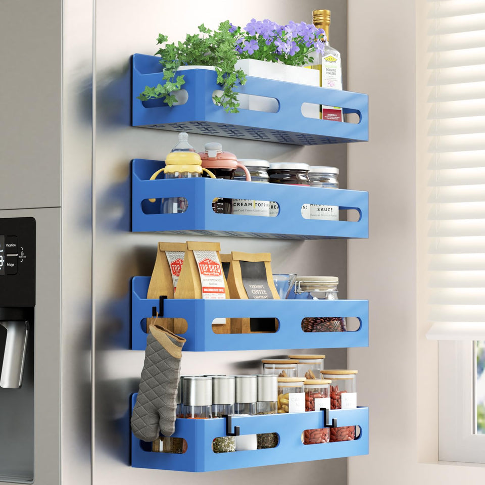 Sevenblue four-pack magnetic spice rack on fridge door for easy access.