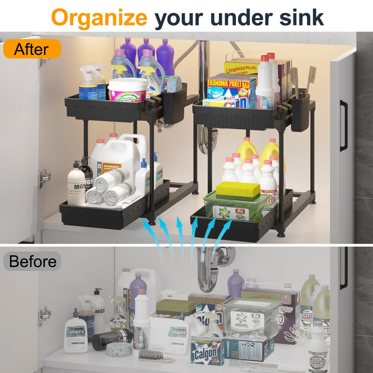 Sevenblue ABS material construction offers sturdy, durable storage under sinks.