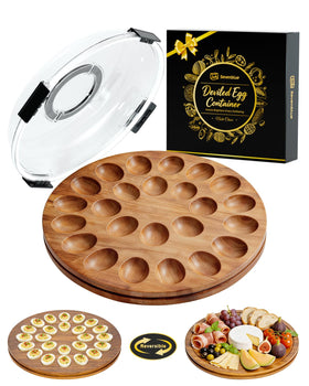 Sevenblue acacia deviled egg container with lid and handle portable for gatherings