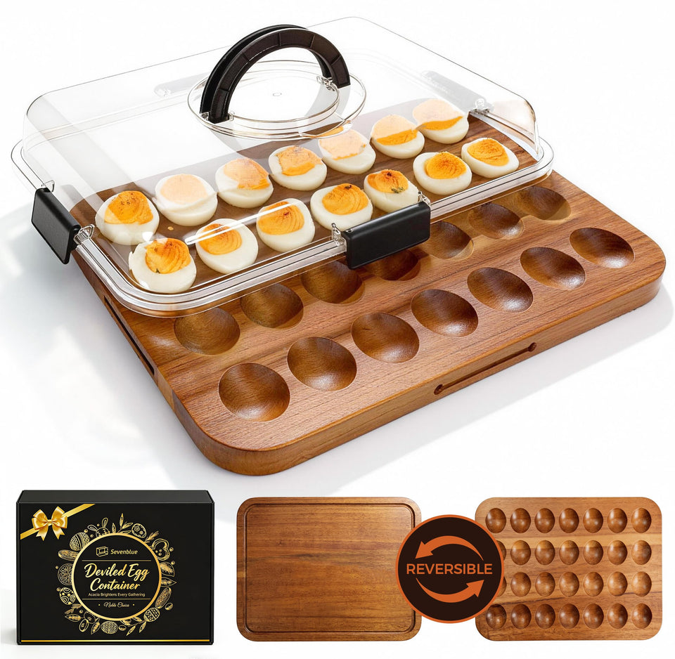 Sevenblue acacia egg container lid and handle for easy transport.