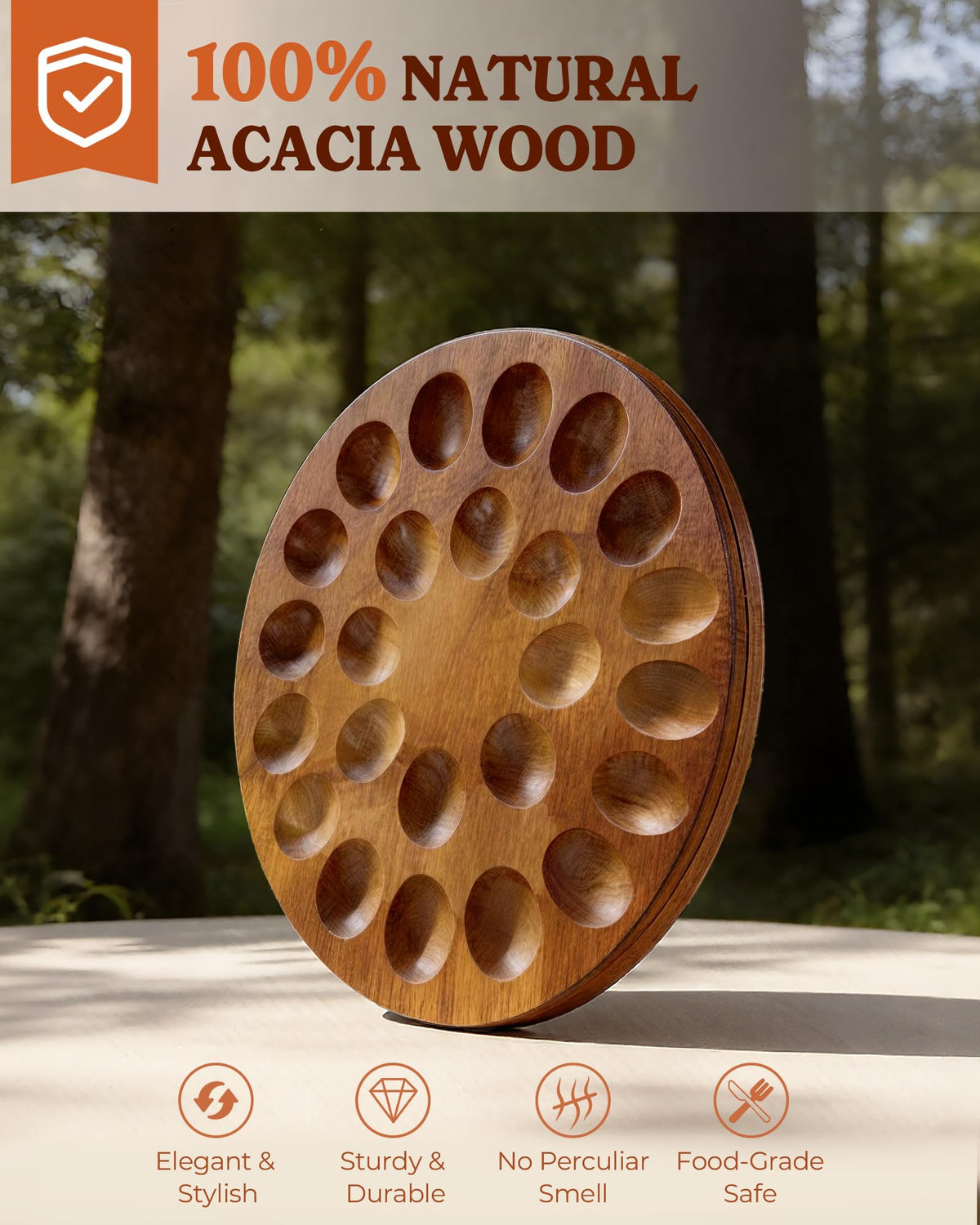 Sevenblue acacia wood egg display side showcases eggs with a refined presentation