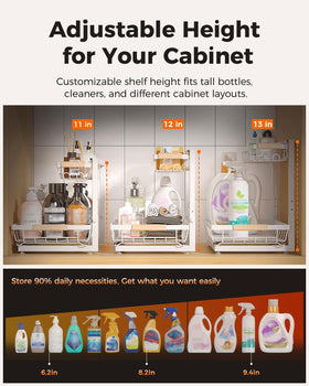Sevenblue adjustable-height under-sink unit set to 11–13 inches for tall items.