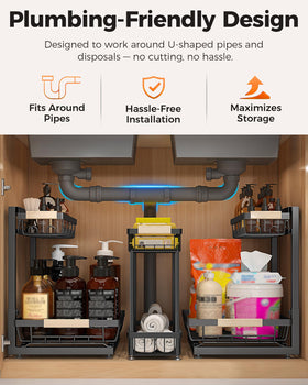 Sevenblue adjustable-height under-sink organizer demonstrating 11–13 inch range