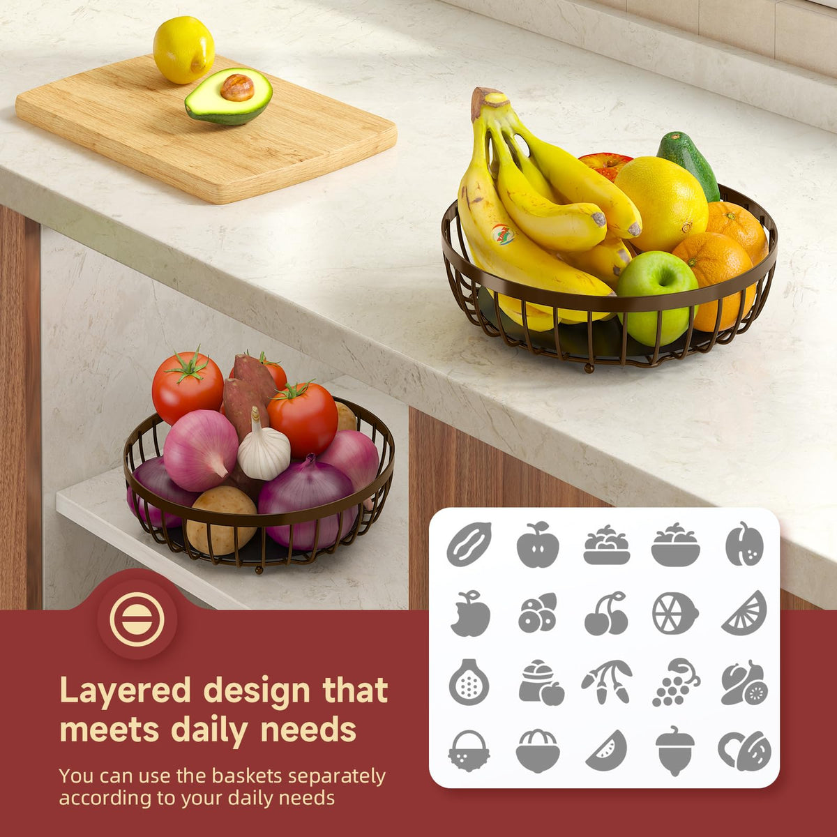 Sevenblue banana hanger and hooks prevent bruising of bananas and grapes.
