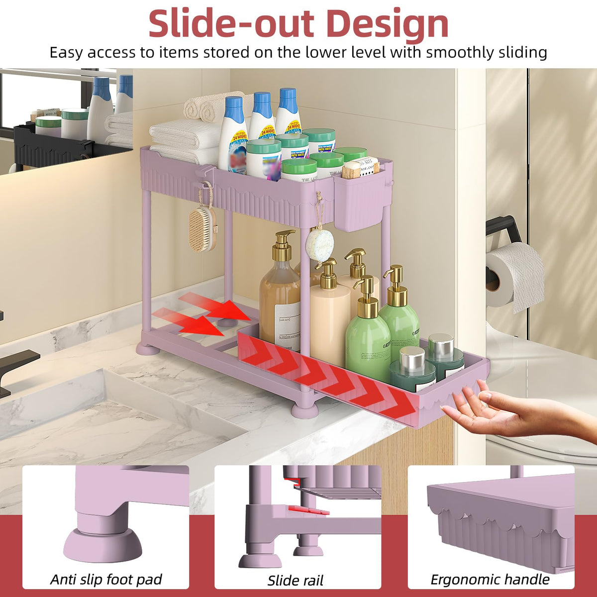 Sevenblue bathroom storage with dual baskets keeps cleaners organized under the sink