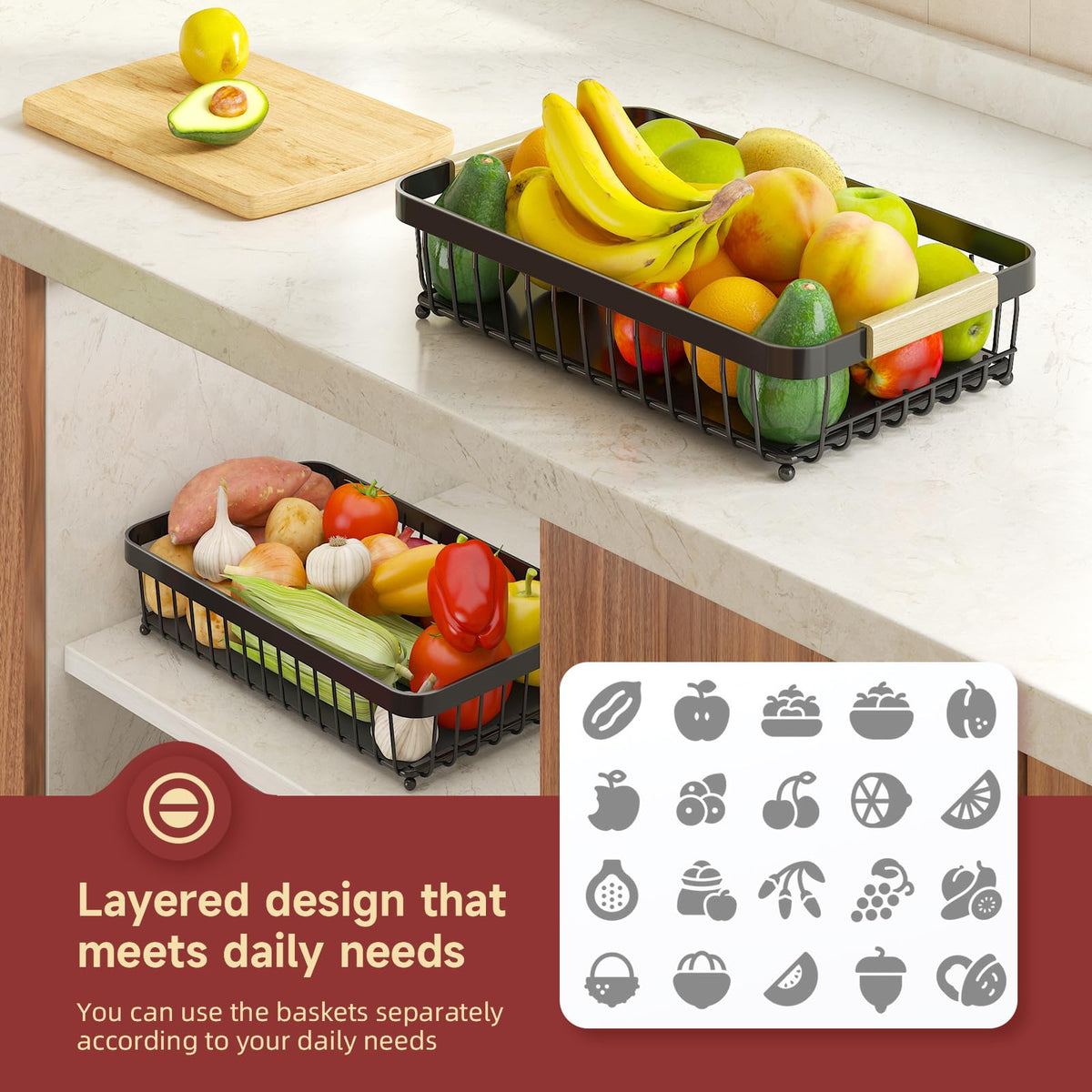 Sevenblue 2-tier fruit basket in black finish with smooth coated wires
