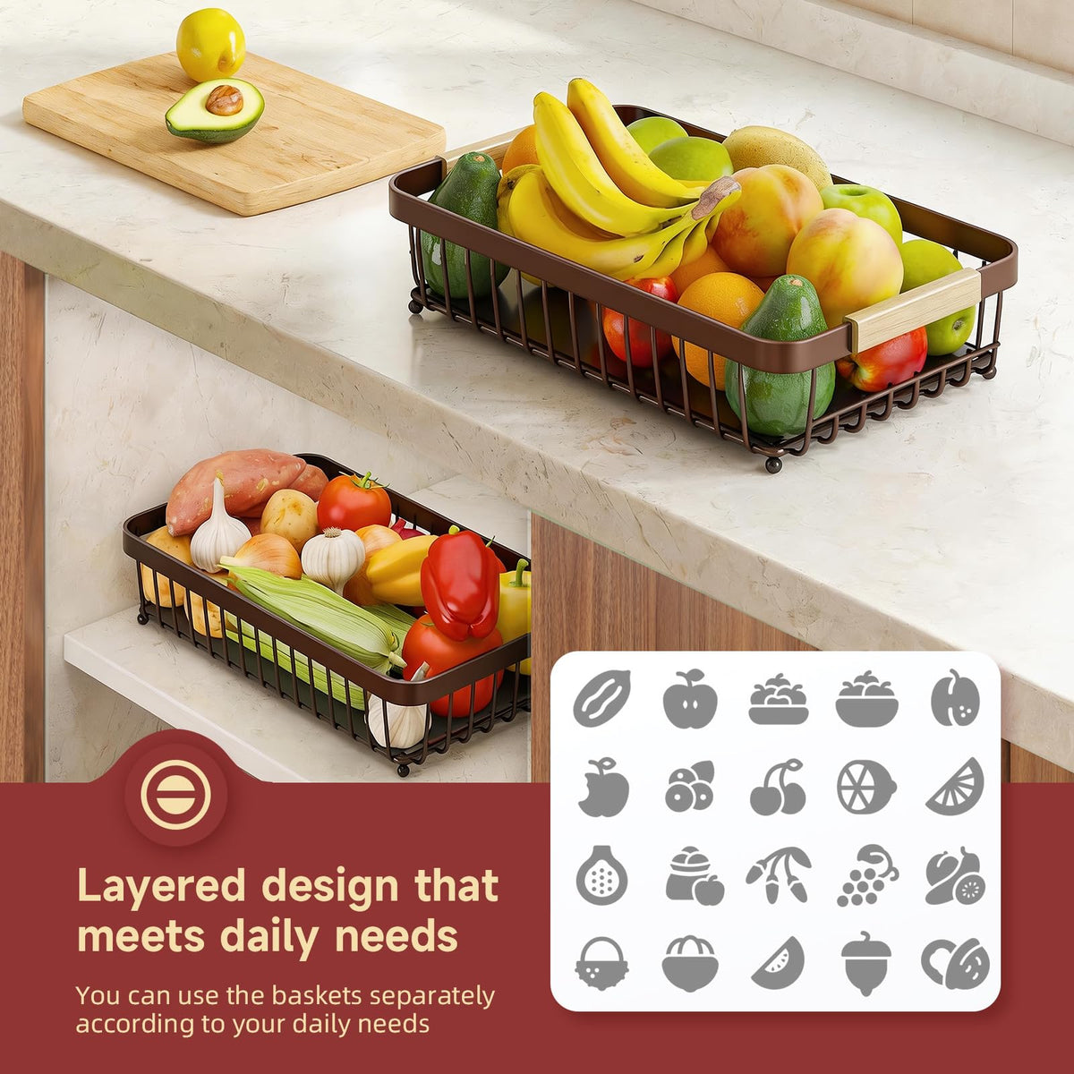 Sevenblue brown two-tier fruit stand blends style and function.