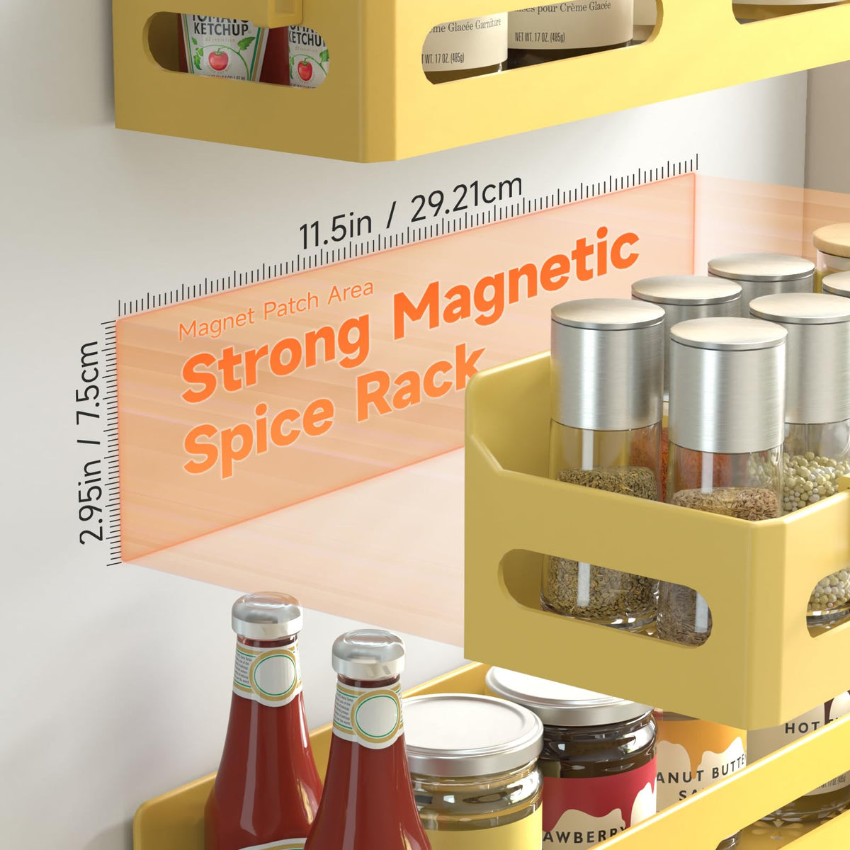 Sevenblue four-hook magnetic spice rack adds convenient utensil storage on metal surface.