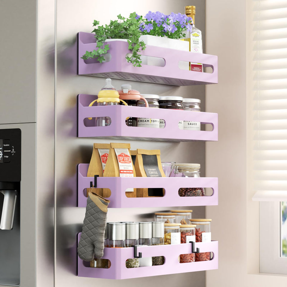 Sevenblue four-pack magnetic spice rack for fridge holds jars securely and neatly.