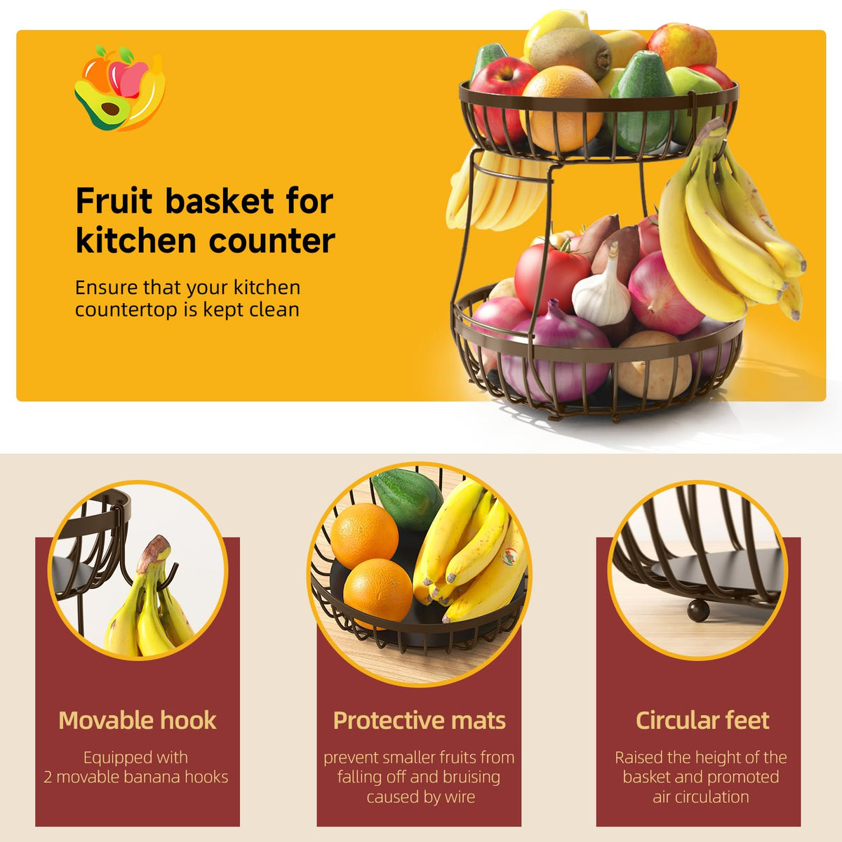 Sevenblue fruit basket displayed on a counter for organized fruit and bread storage.