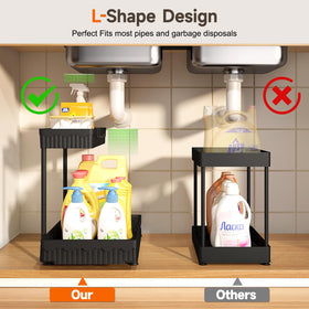 Sevenblue L-shaped pull-out cabinet organizer fits beneath sinks for efficient spacing.