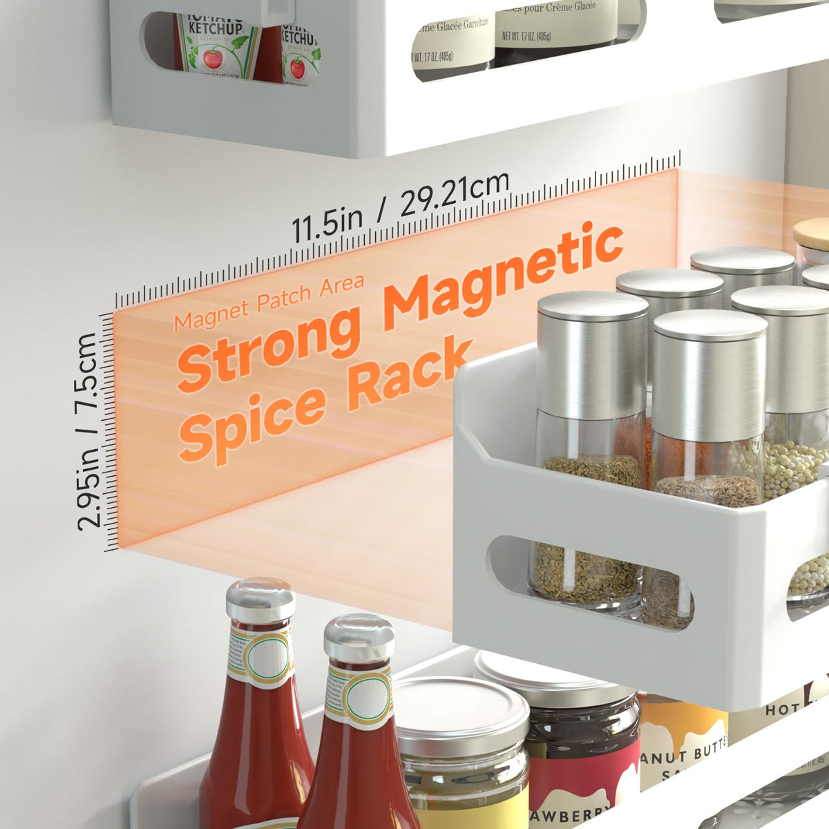 Sevenblue magnetic shelf for kitchen fridge holds up to 12 jars per tier.