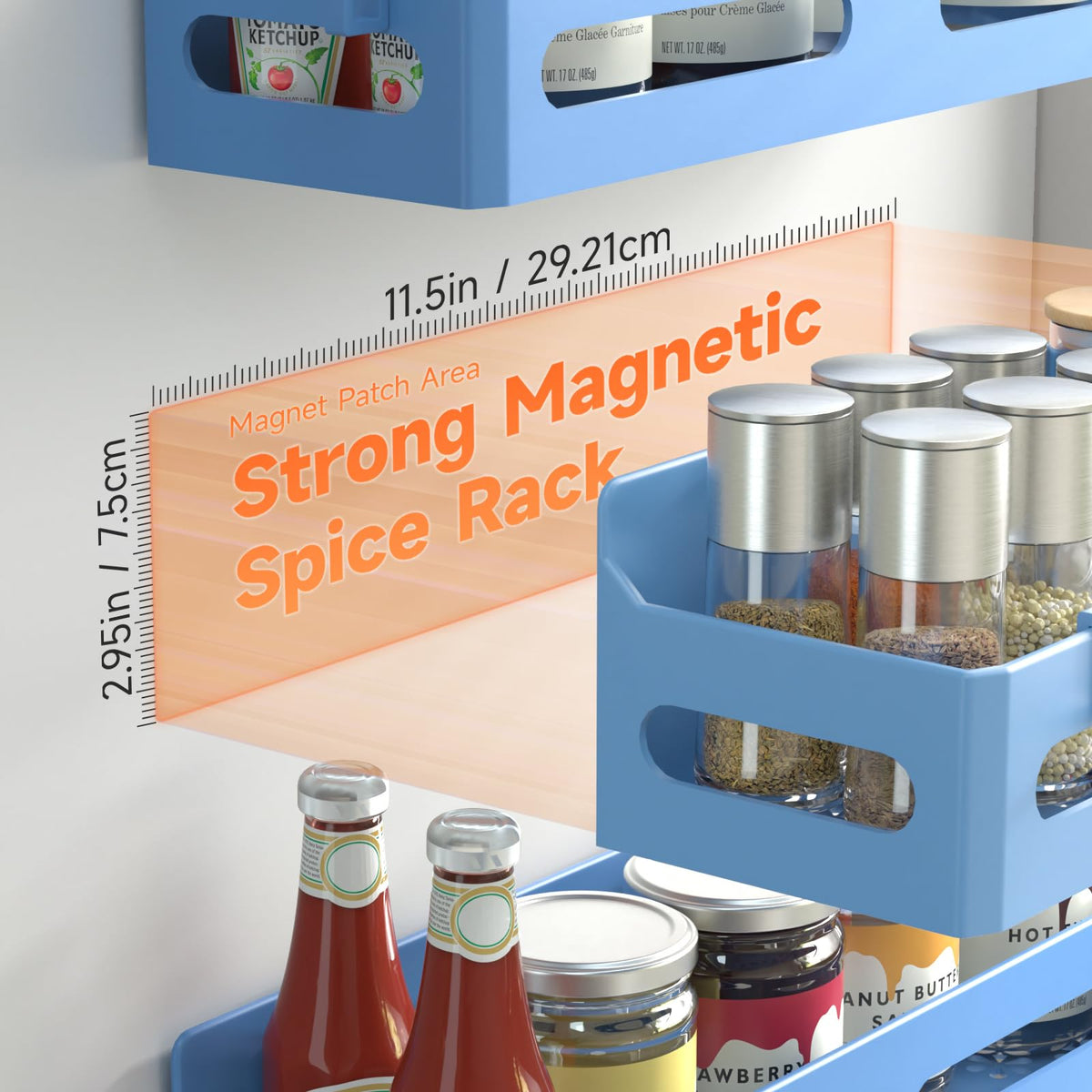 Sevenblue magnetic spice rack with one tier per unit on refrigerator.