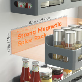 Sevenblue magnetic spice rack with four hooks on metal surface adds extra storage.