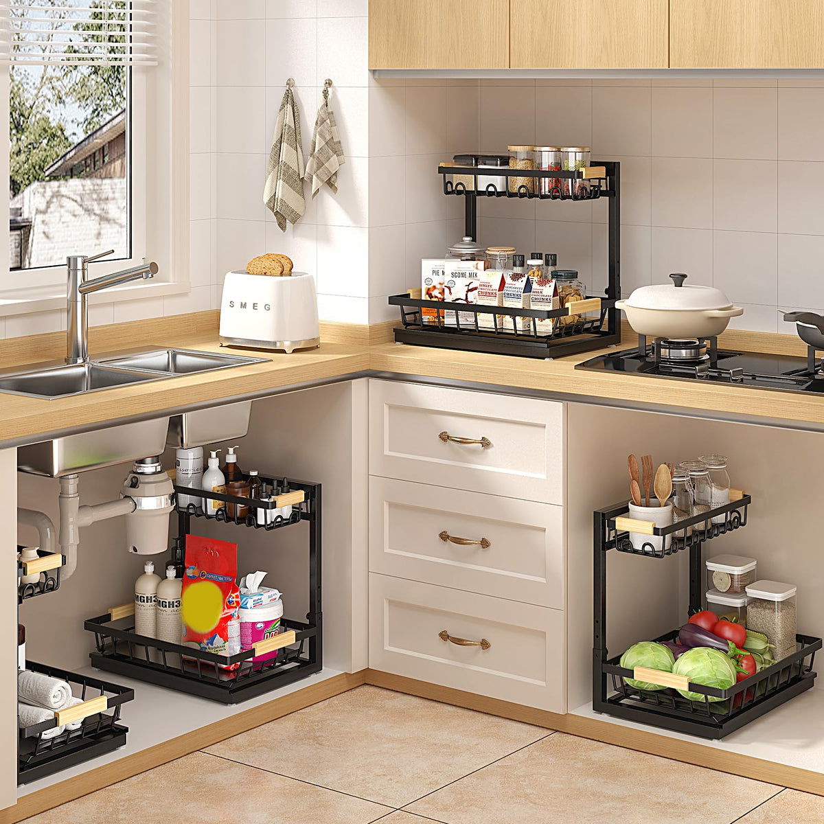 Sevenblue multi-purpose storage shelf fits kitchen bathroom and cabinets