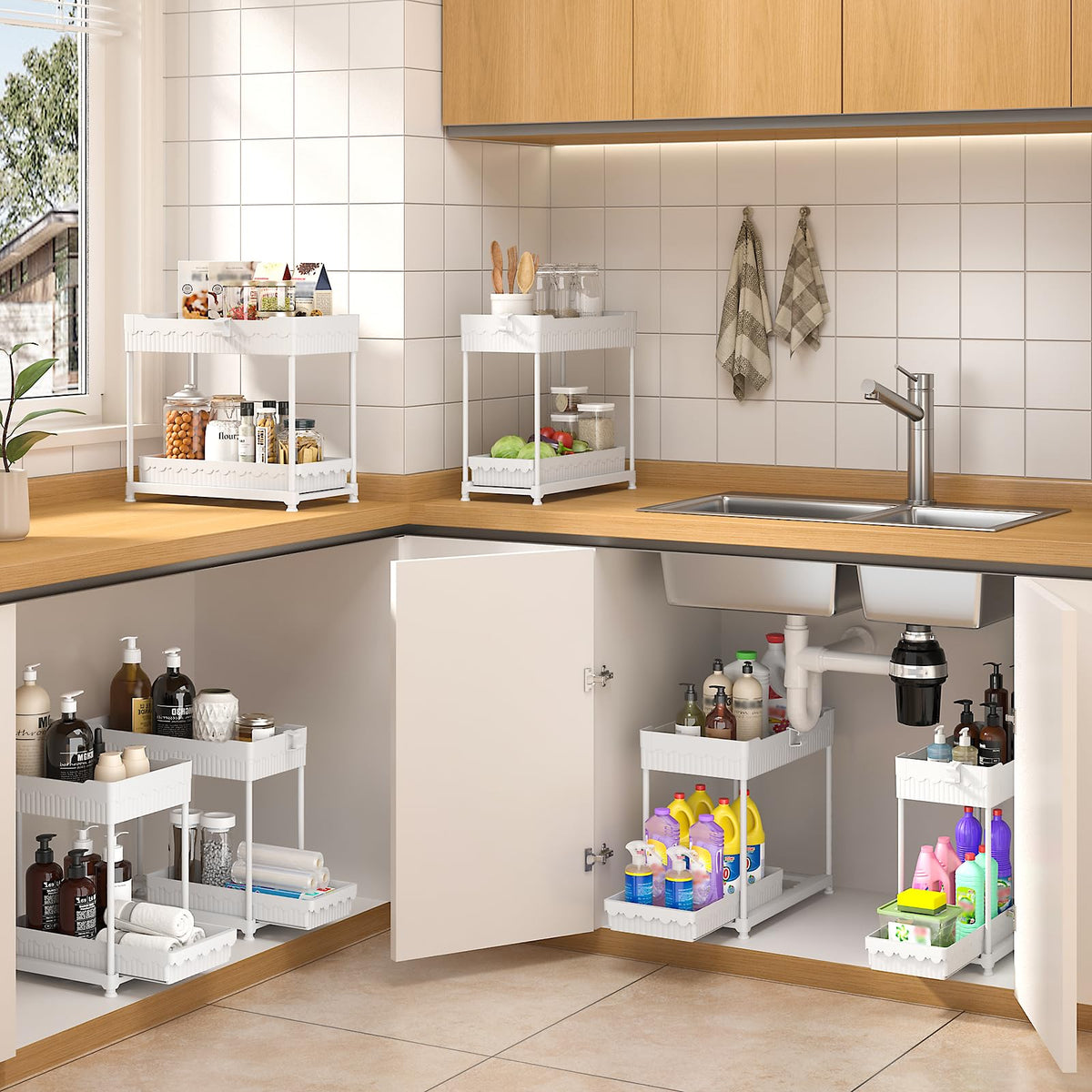Sevenblue multi-use storage shelves for kitchen and bathroom cabinets keep spaces uncluttered.