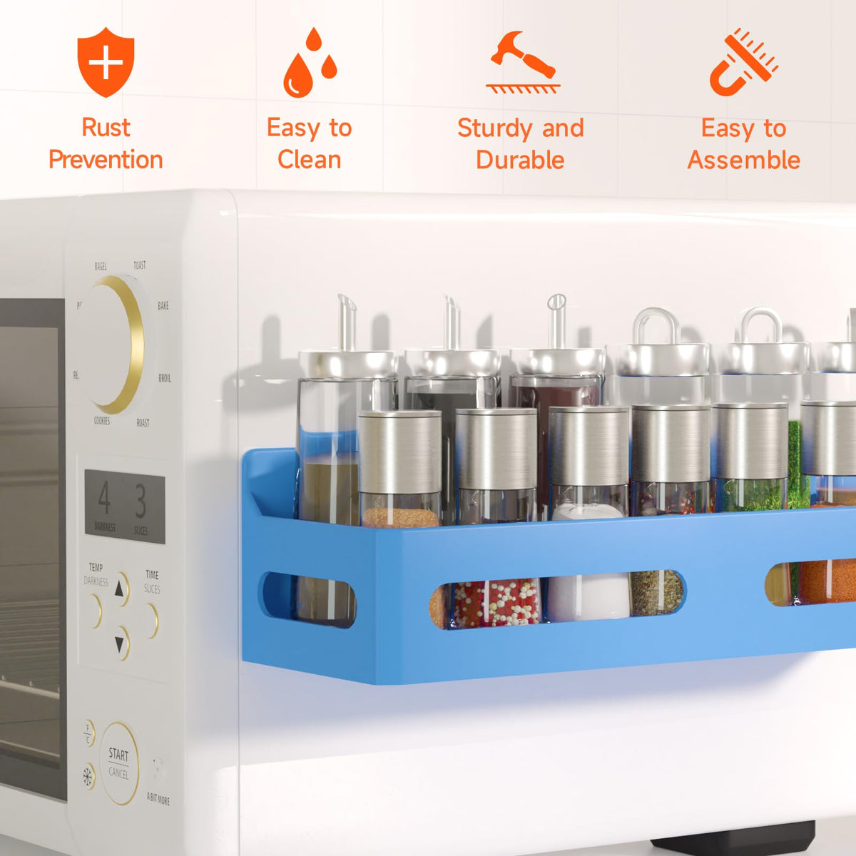 Sevenblue multipurpose magnetic storage rack for metal surfaces like microwaves.