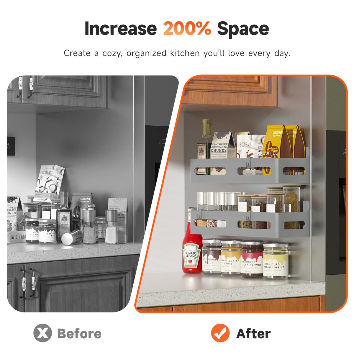 Sevenblue spice rack on refrigerator boosts organization and quick access for jars.