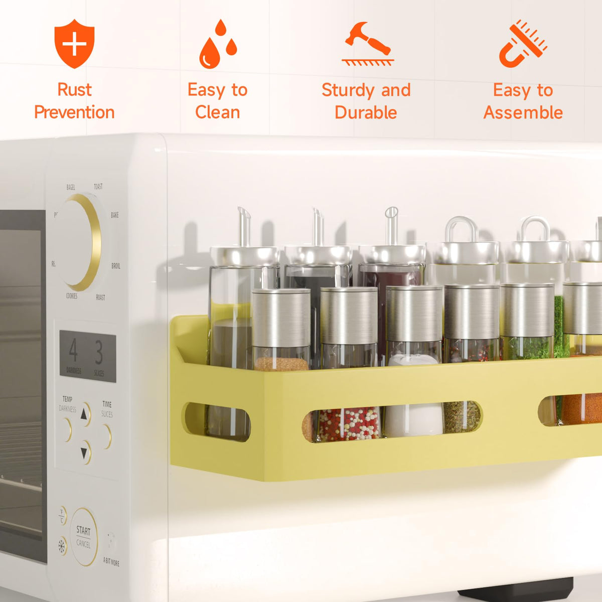 Sevenblue multipurpose magnetic storage shelf works on fridge, whiteboard, or metal surfaces.