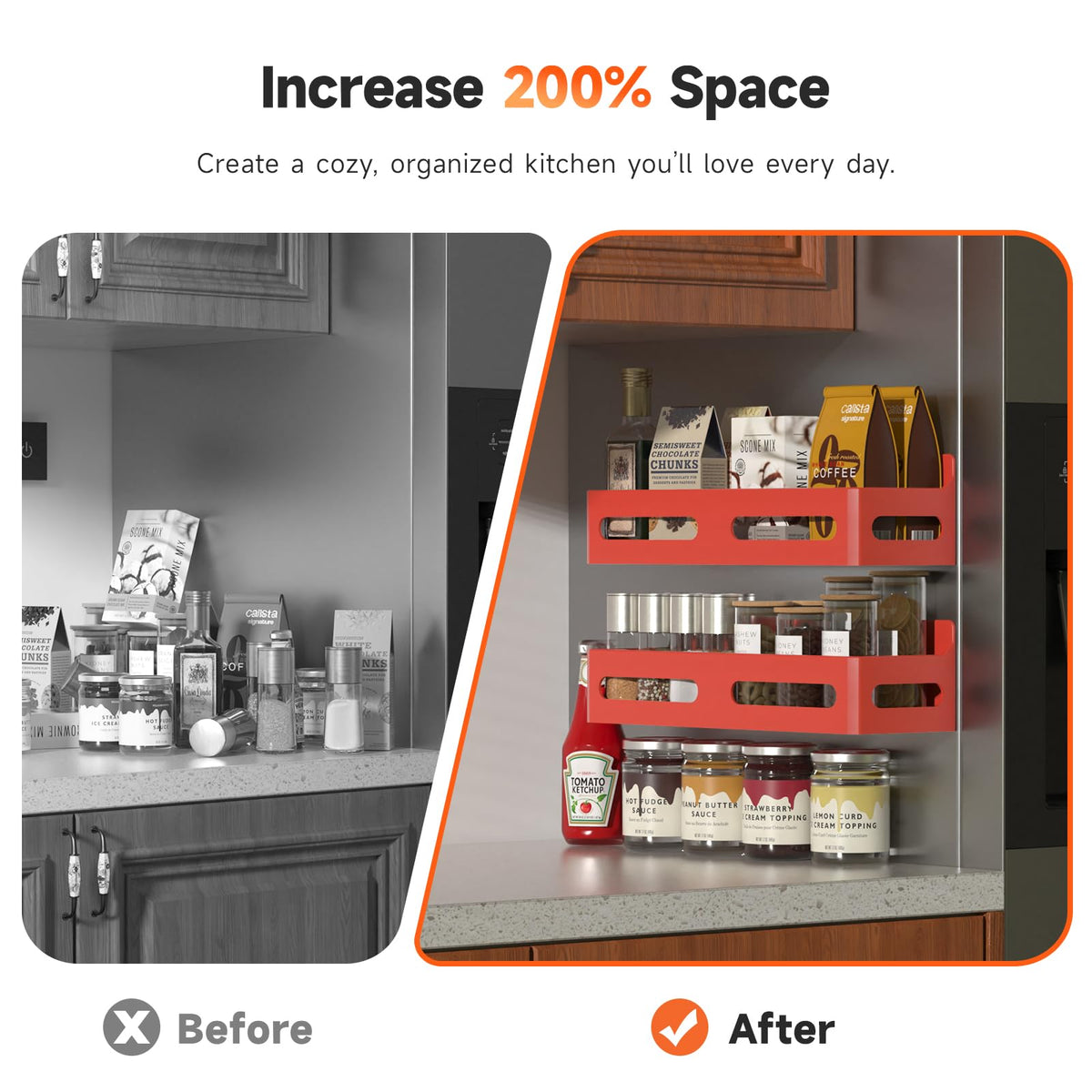 Sevenblue one-tier rack holds up to 12 spice jars for tidy display.