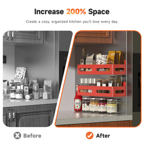Sevenblue one-tier rack holds up to 12 spice jars for tidy display.