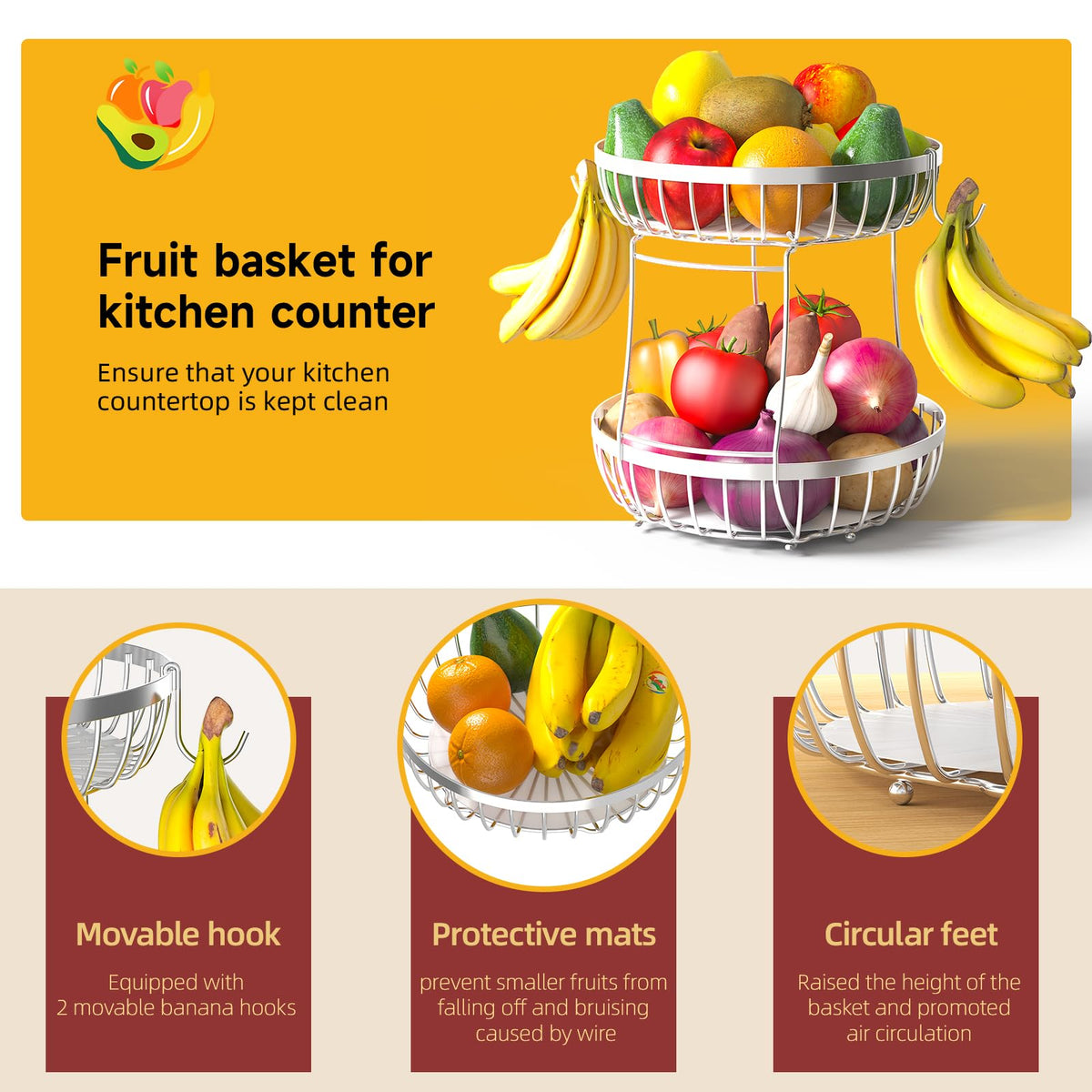 Sevenblue removable hooks suspend bananas and grapes to prevent bruising.