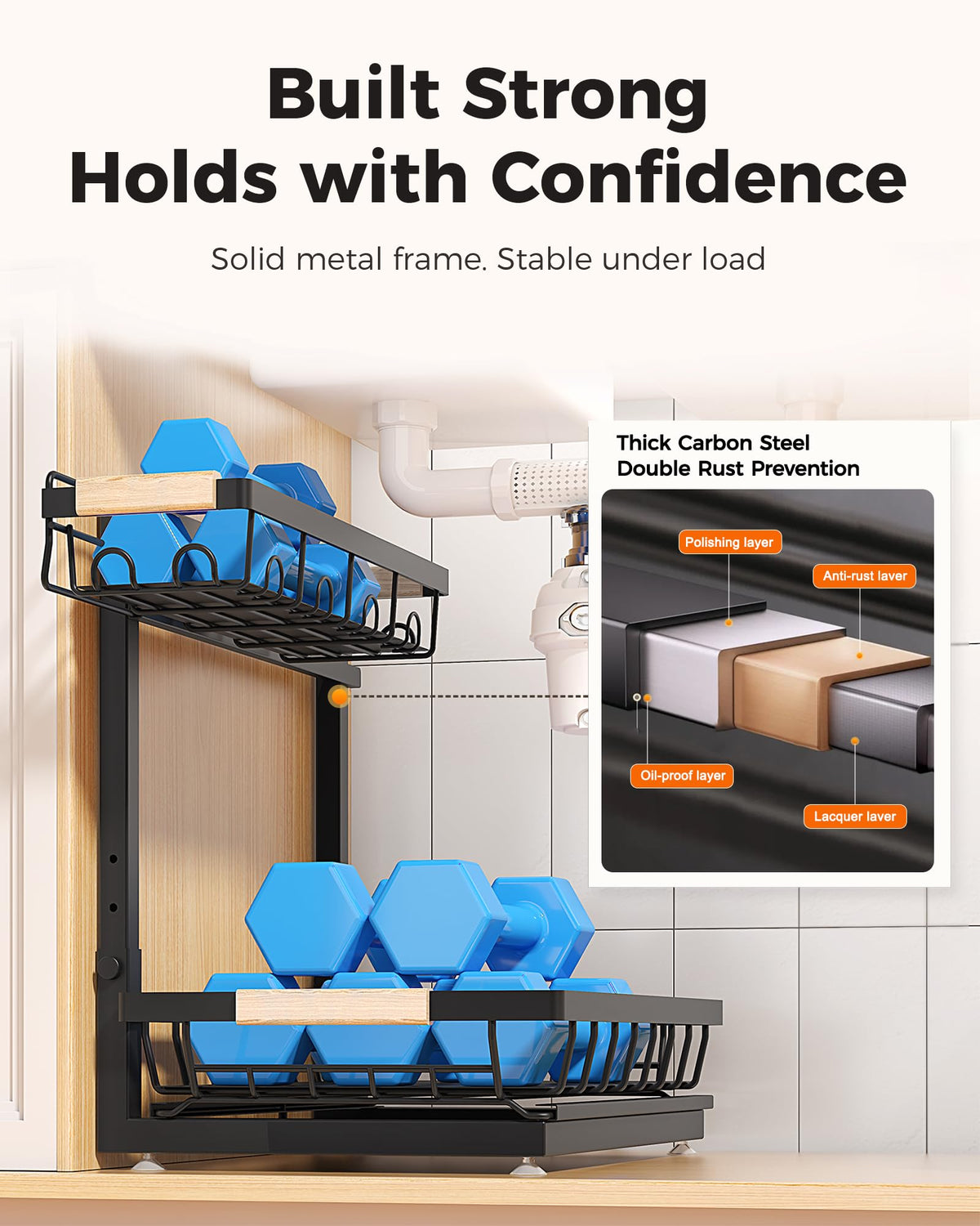 Sevenblue baked finish resists rust and stains on under-sink organizer