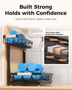 Sevenblue baked finish resists rust and stains on under-sink organizer