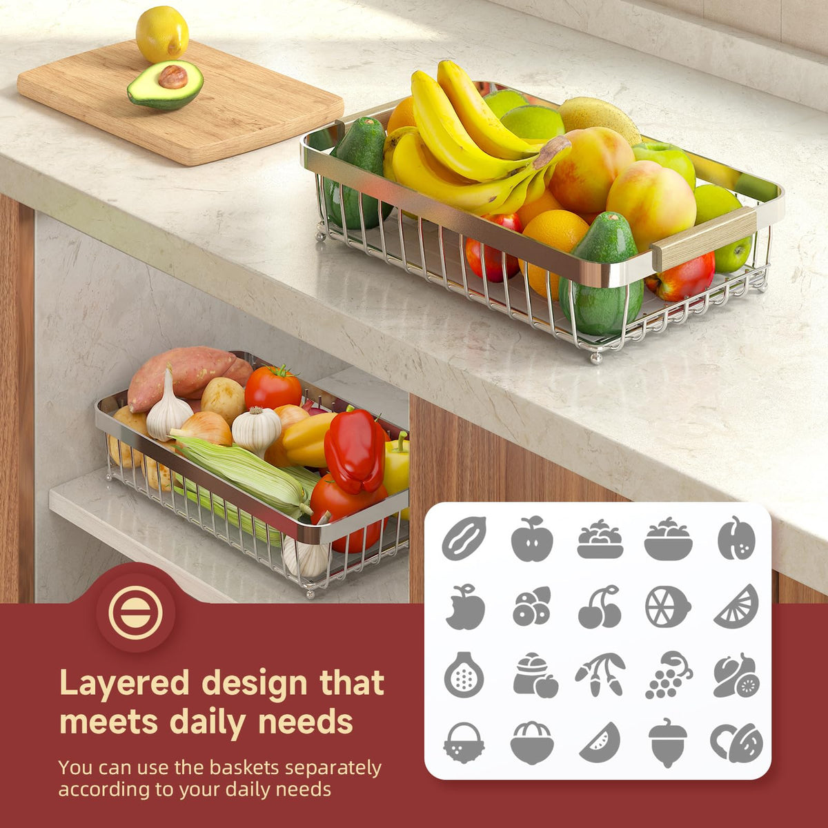 Sevenblue silver metal frame with open design promotes air circulation around produce.
