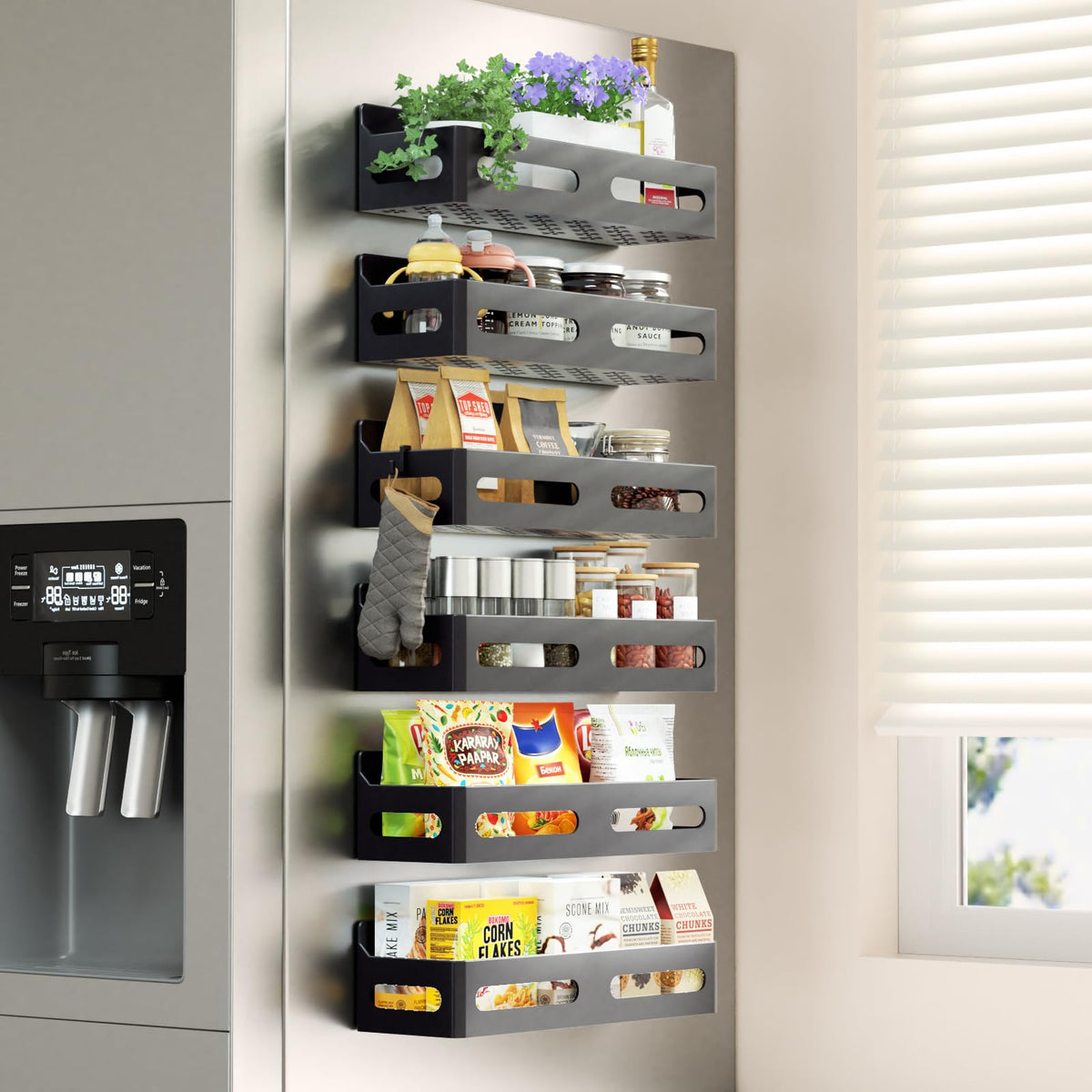Sevenblue six-pack magnetic spice racks on fridge door securely hold up to eight pounds