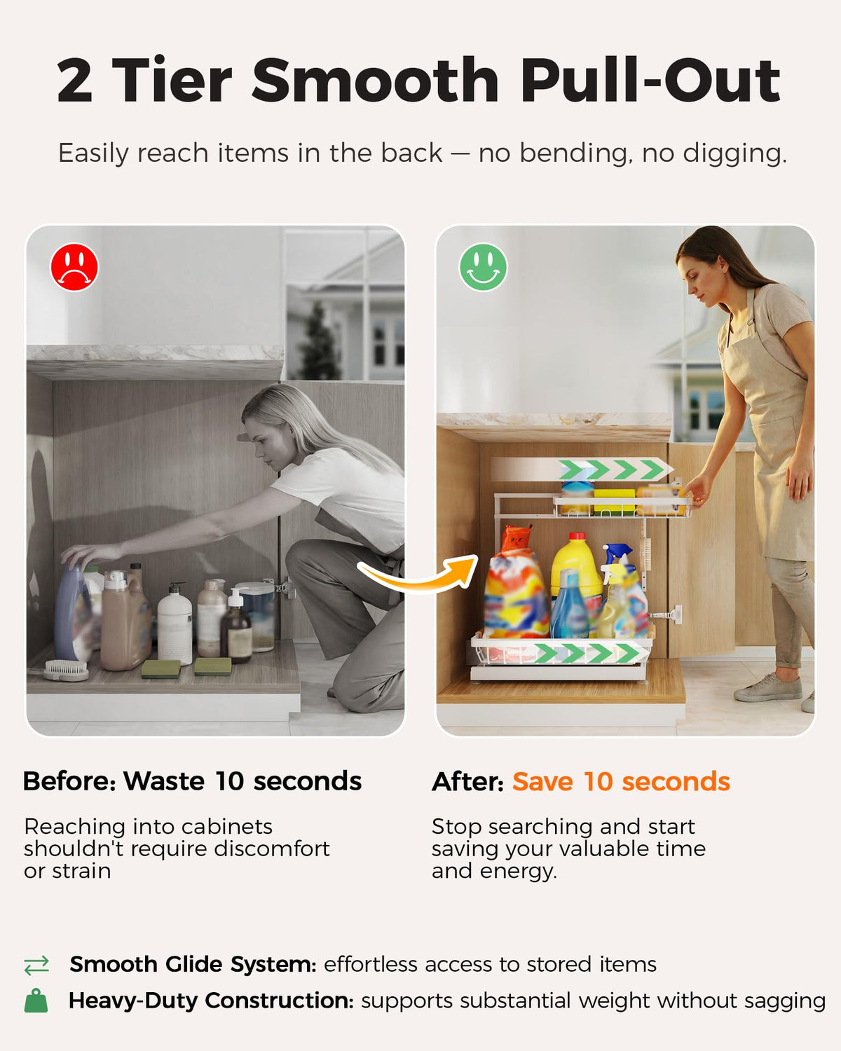 Sevenblue two-tier drawers slide smoothly for quick item retrieval under the sink.