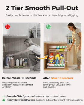 Sevenblue two-tier drawers slide smoothly for quick item retrieval under the sink.
