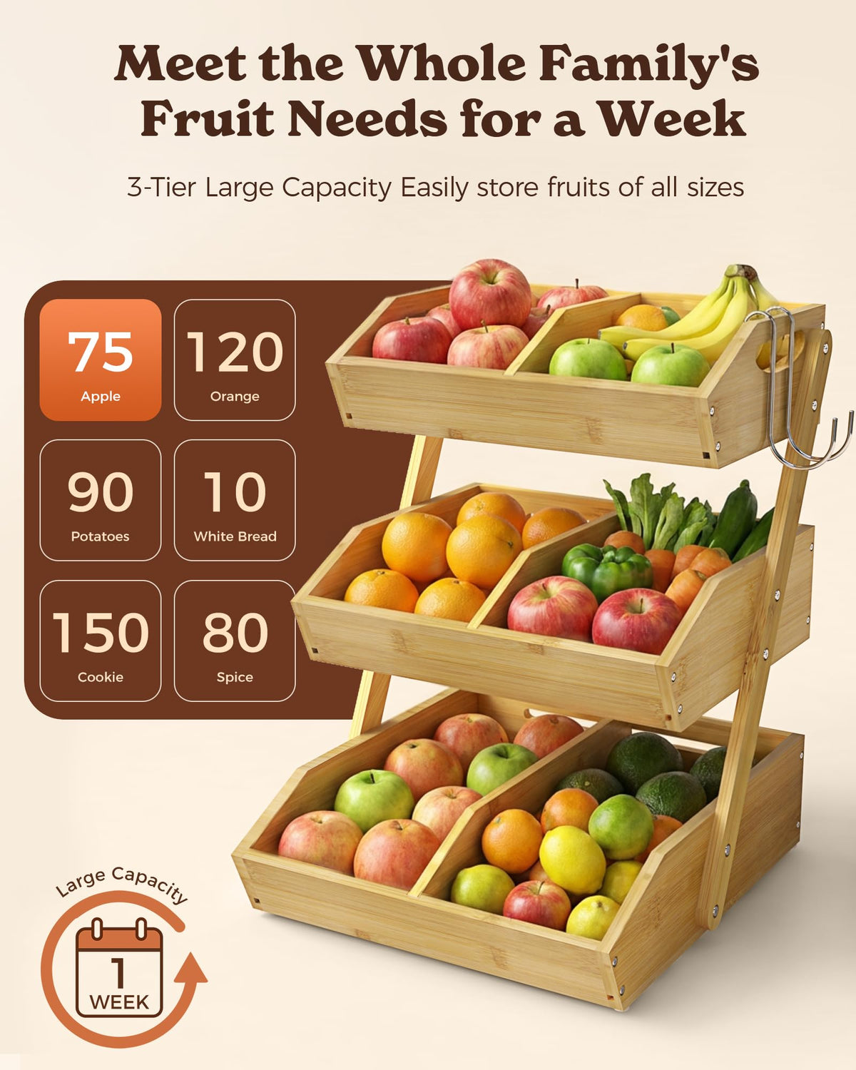 Sevenblue spacious 3-tier design holds bulk produce and snacks