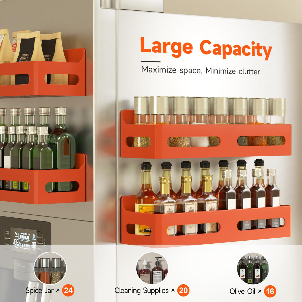 Sevenblue rack shows 12-jar capacity for organized spices.