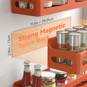 Sevenblue spice rack attached to fridge door with strong magnets.
