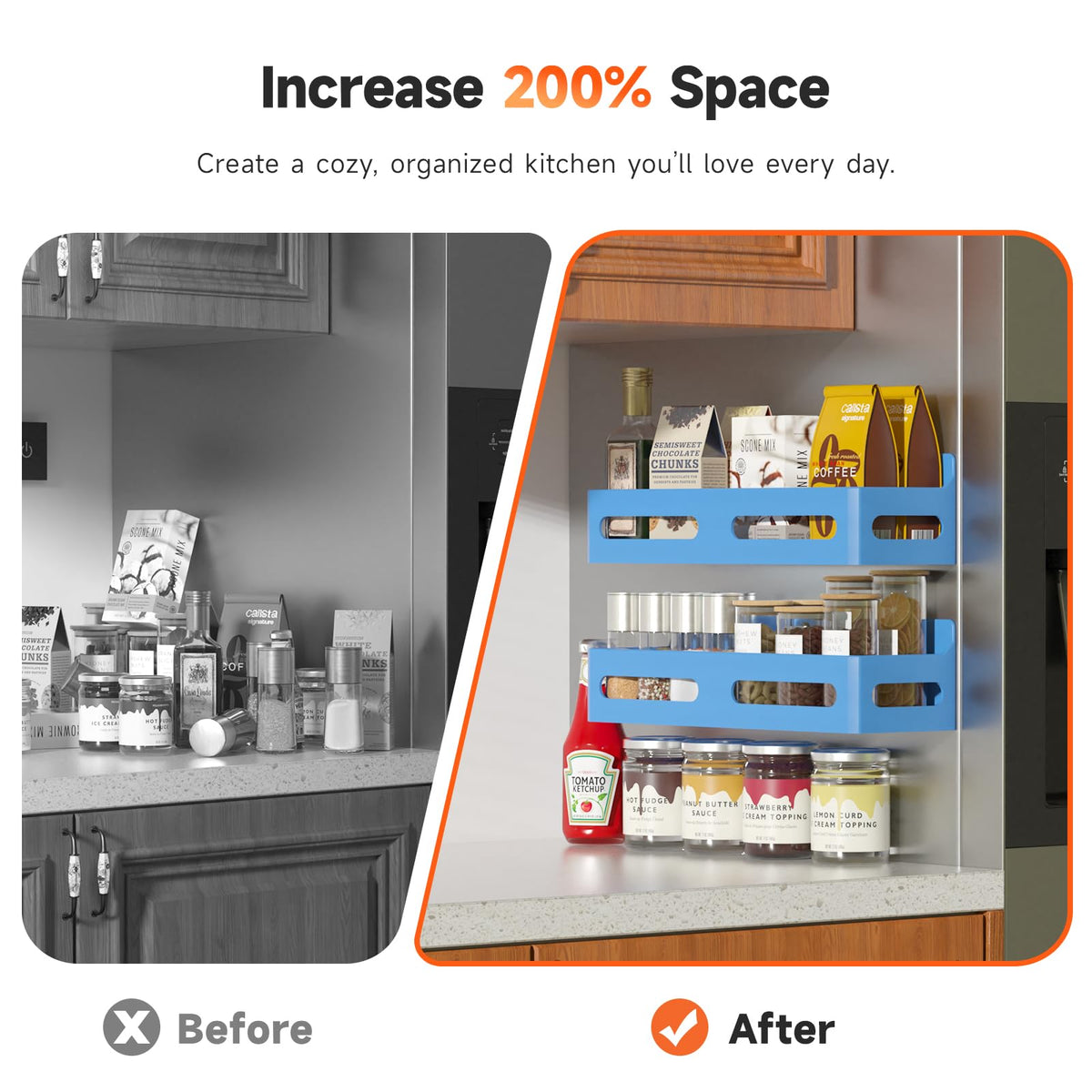 Sevenblue spice rack with four hooks mounted on a magnetic surface.