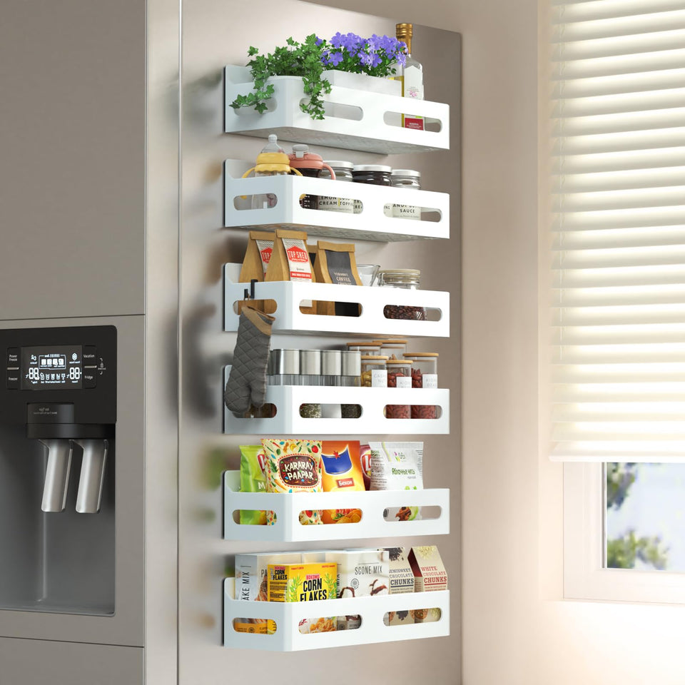 Sevenblue strong magnetic spice rack on fridge door keeps jars easily accessible.