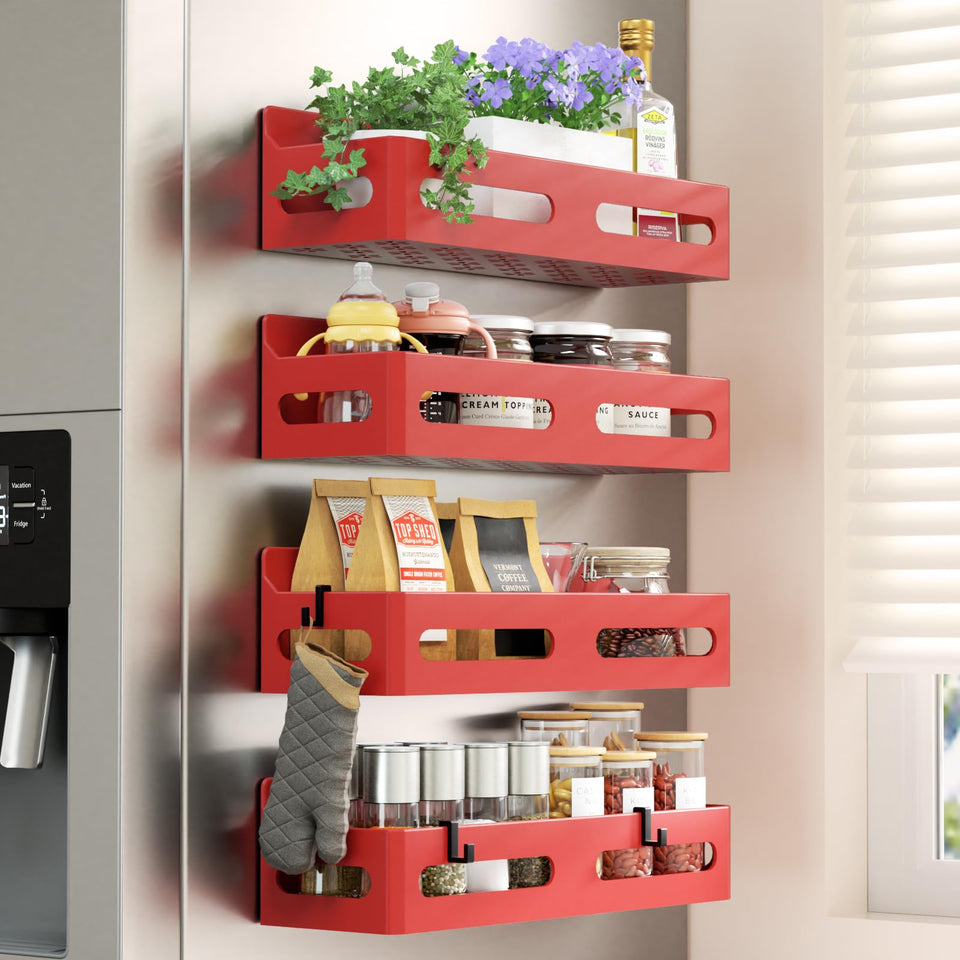 Sevenblue strong magnetic spice rack on fridge door keeps jars secure and organized.