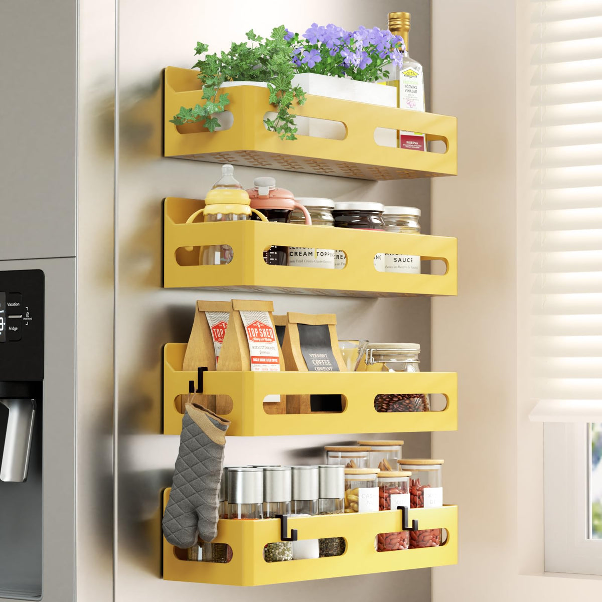 Sevenblue strong magnetic spice rack on fridge door keeps spices within easy reach.